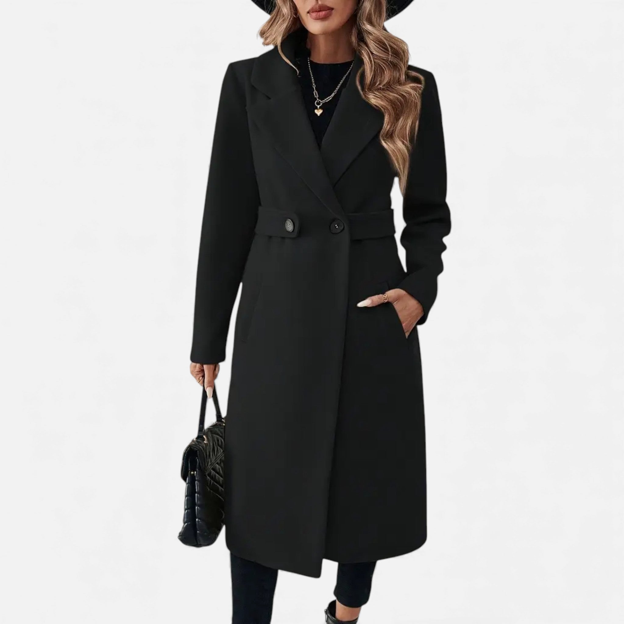 Dorvelli | Women’s Longline Coat – Double-Belt A-Line Elegance