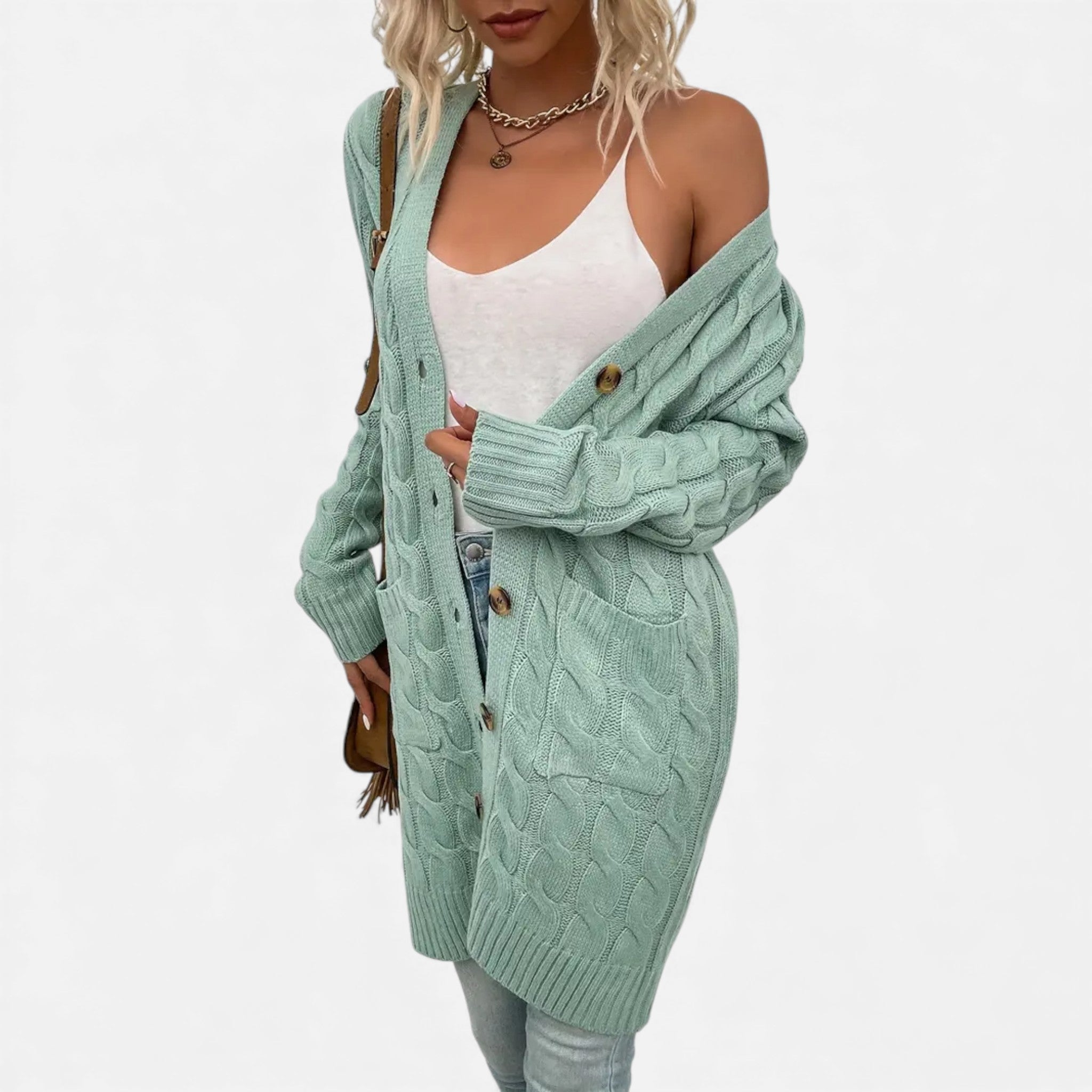 Dorvelli | Women’s Twisted Knit Long Cardigan – Vintage Buttoned Elegance