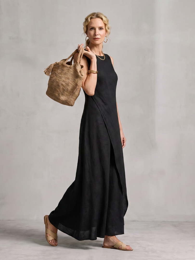 Dorvelli | Women's Maxi Dress – Asymmetric Layered Round Neck