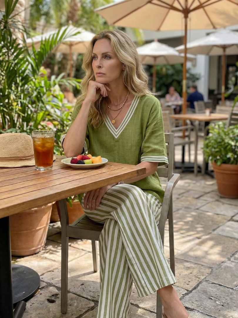 Dorvelli | Women's Two-Piece Set – Contrast Neck Tunic Stripe