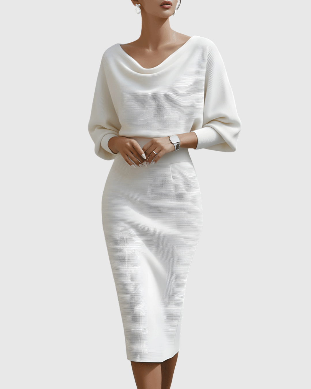 Dorvelli | Women's Midi Dress – White Draped Batwing