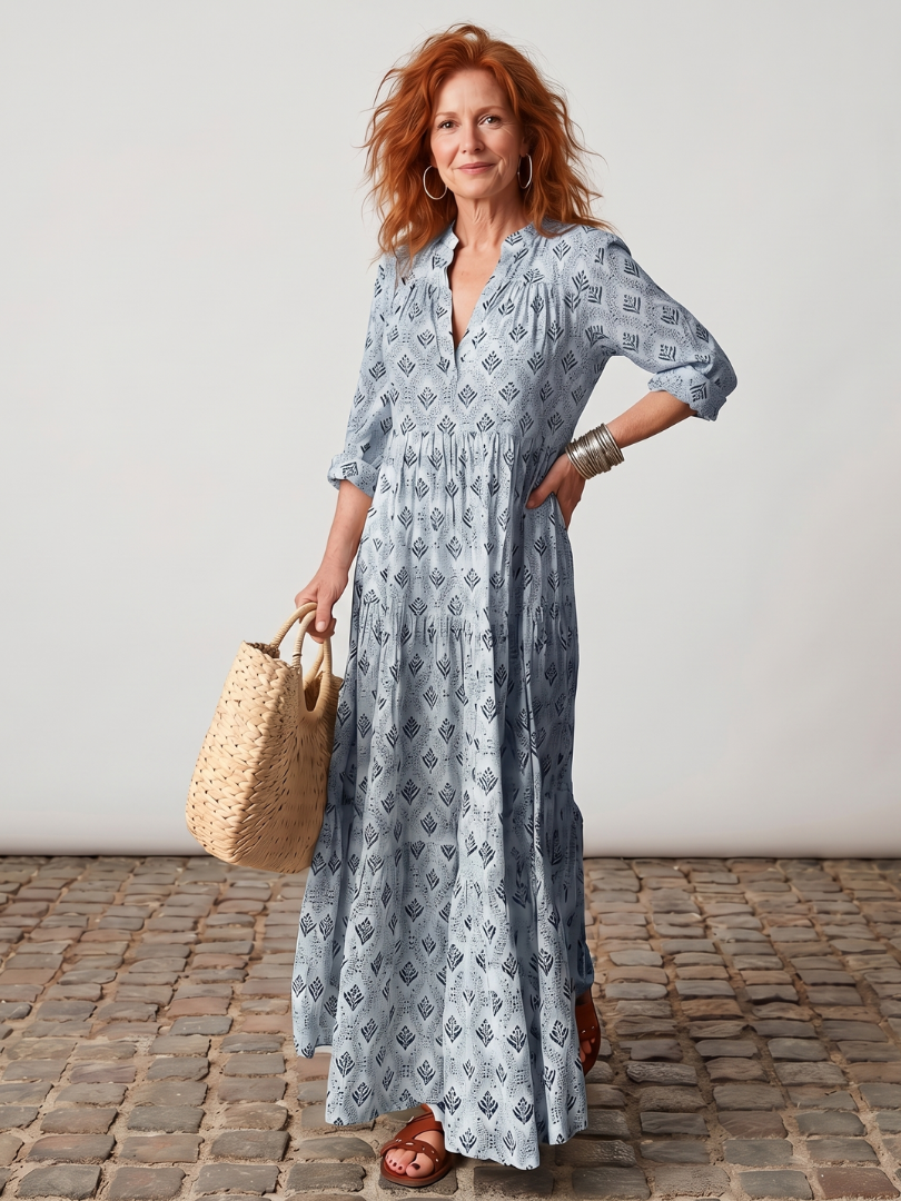 Dorvelli | Women's Maxi Dress – Notch Neck Printed Long