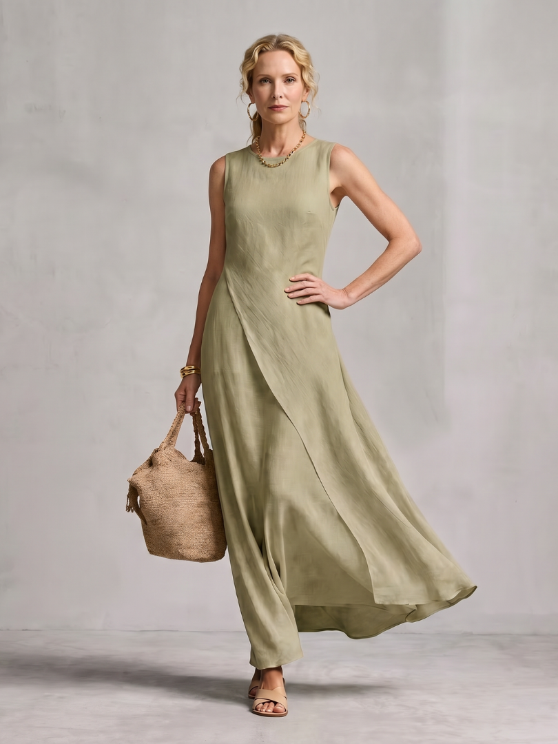 Dorvelli | Women's Maxi Dress – Asymmetric Layered Round Neck