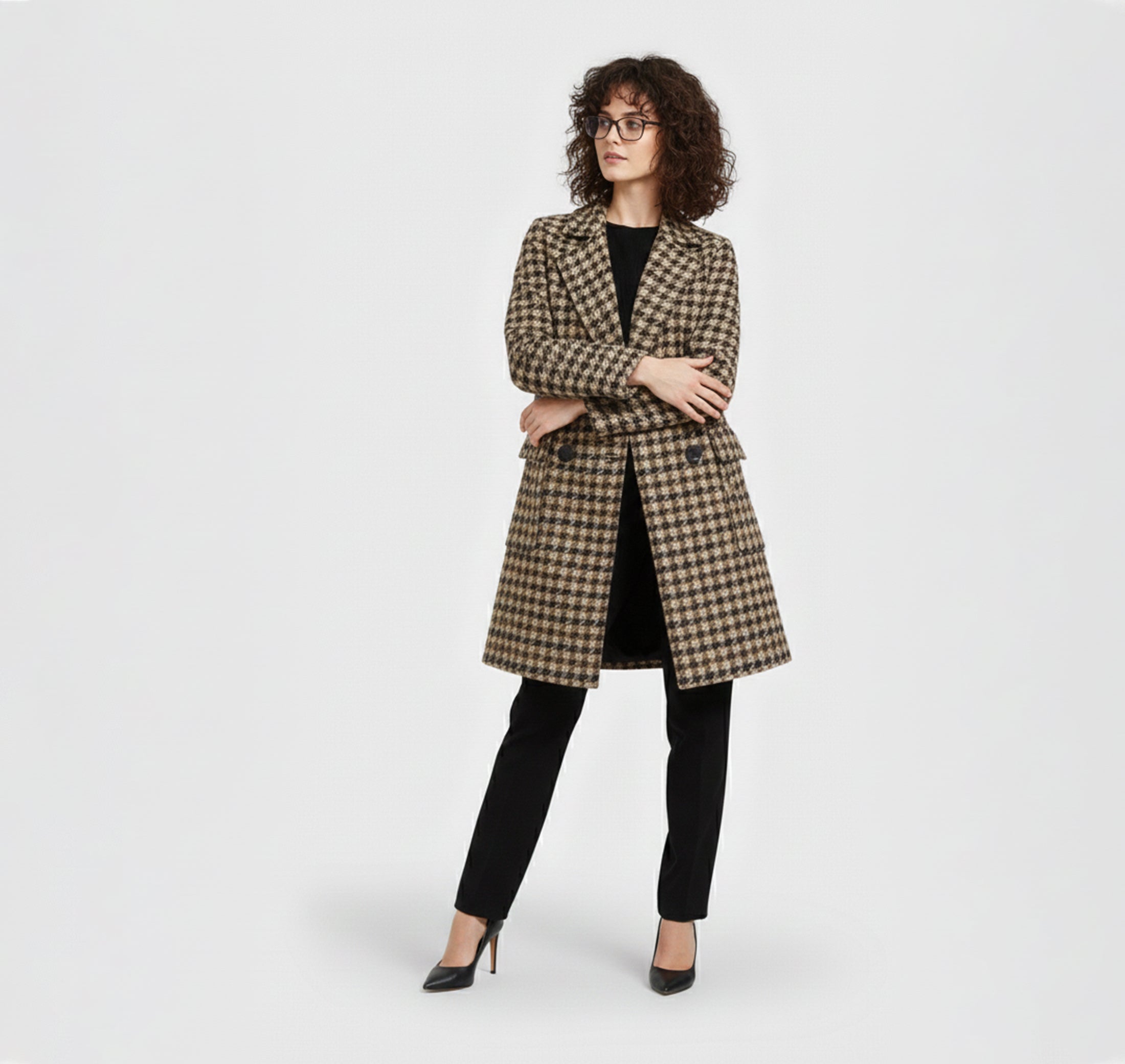 Dorvelli | Suit Collar Houndstooth Coat – Khaki Quilted Style