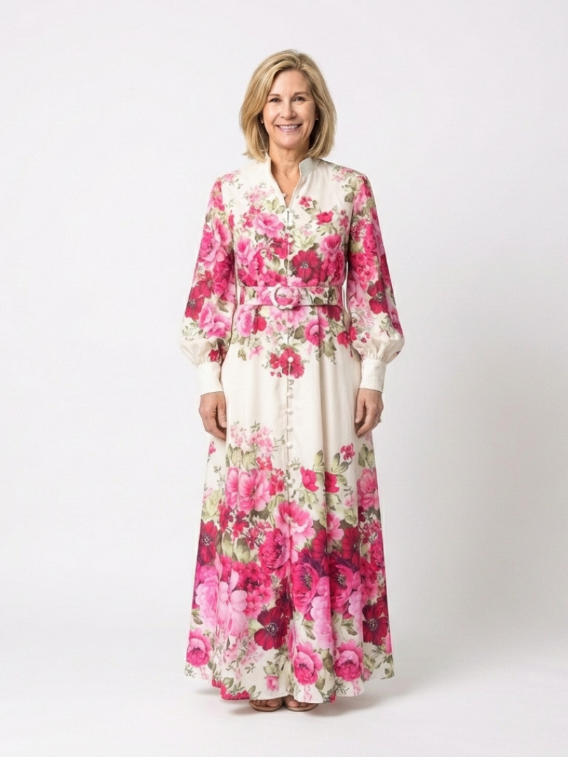 Dorvelli | Women's Maxi Dress – Long Sleeve Floral Belted