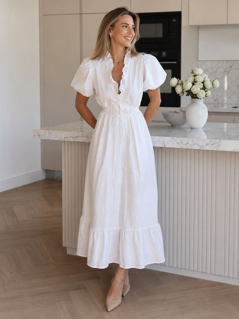 Dorvelli | Women's Midi Dress – Puff Sleeve Waist Tie