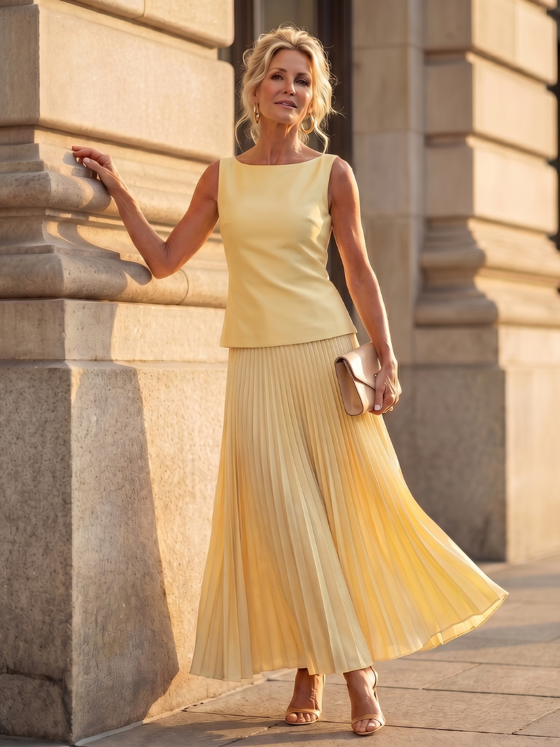 Dorvelli | Women's Two-Piece Set – Structured Bodice Pleated