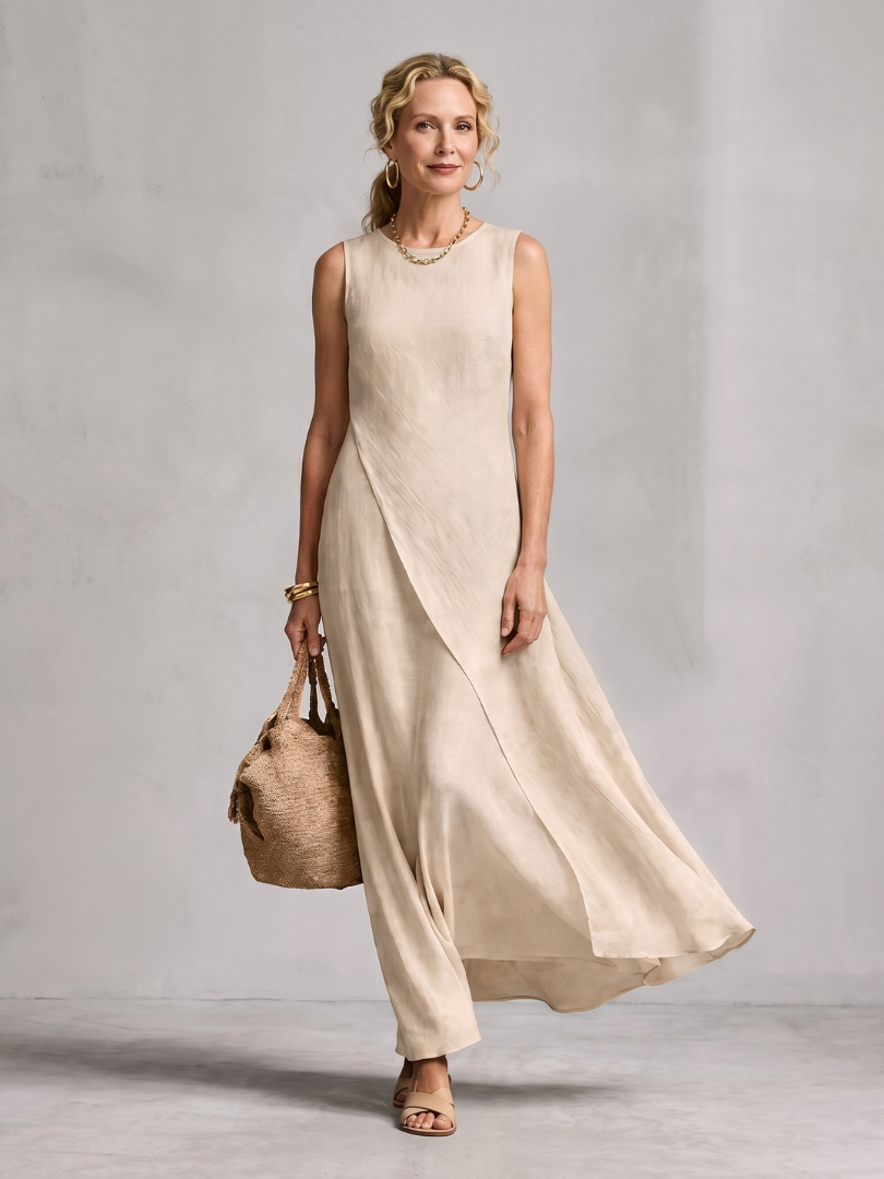 Dorvelli | Women's Maxi Dress – Asymmetric Layered Round Neck