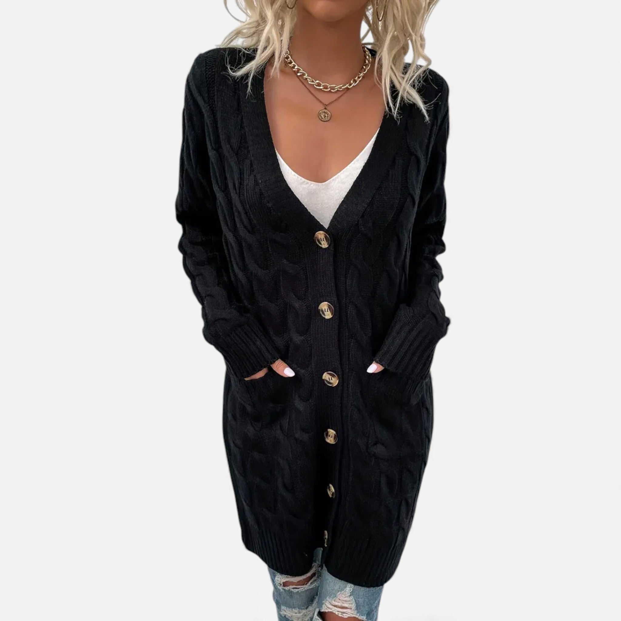 Dorvelli | Women’s Twisted Knit Long Cardigan – Vintage Buttoned Elegance