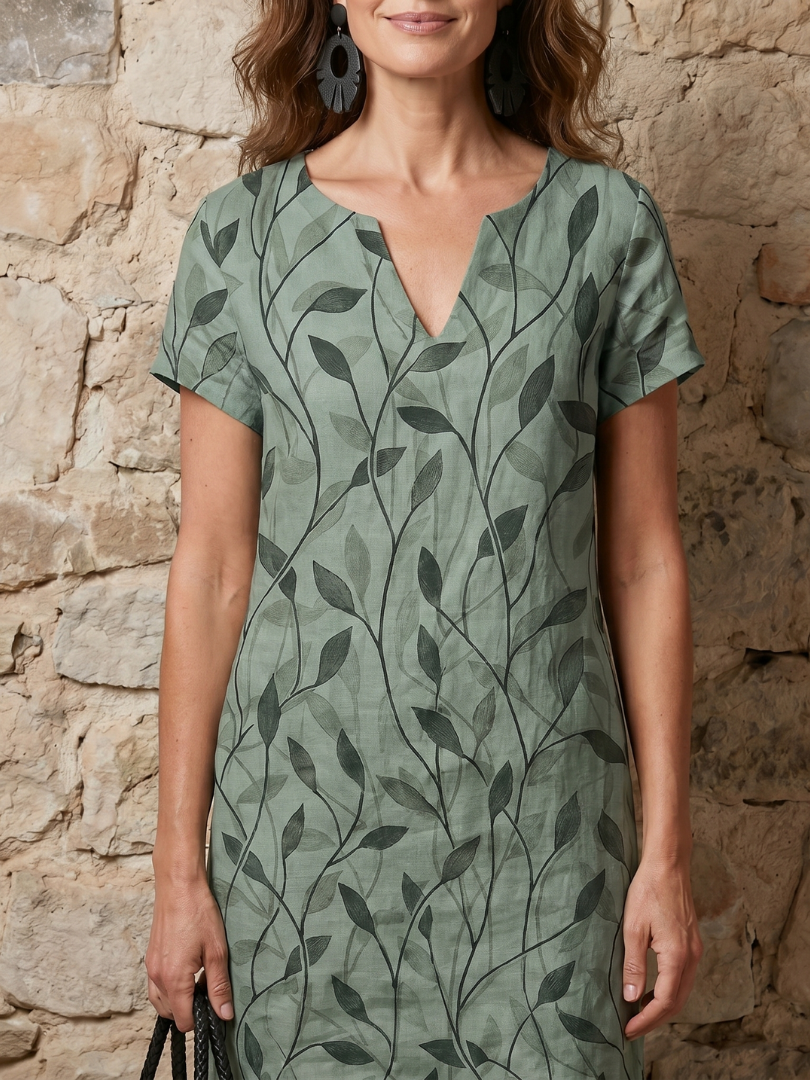 Dorvelli | Women's Midi Dress – Leaf Print Neck