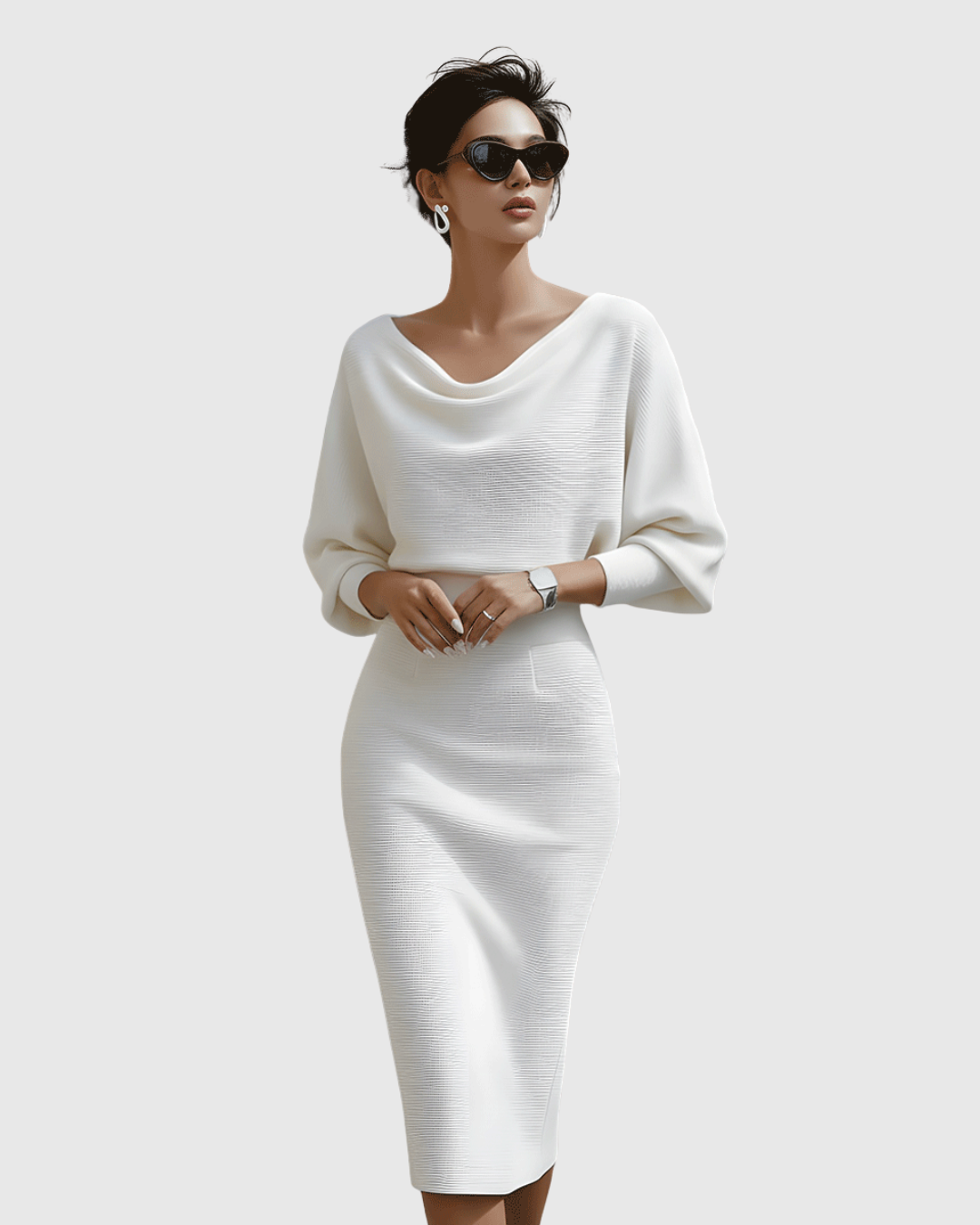 Dorvelli | Women's Midi Dress – White Draped Batwing