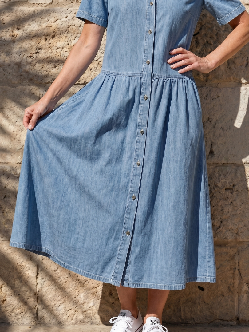 Dorvelli | Women's Midi Dress – Gathered Waist Collar Front