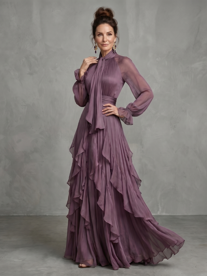 Dorvelli | Women's Maxi Dress – Tie Neck Ruffle Tiered