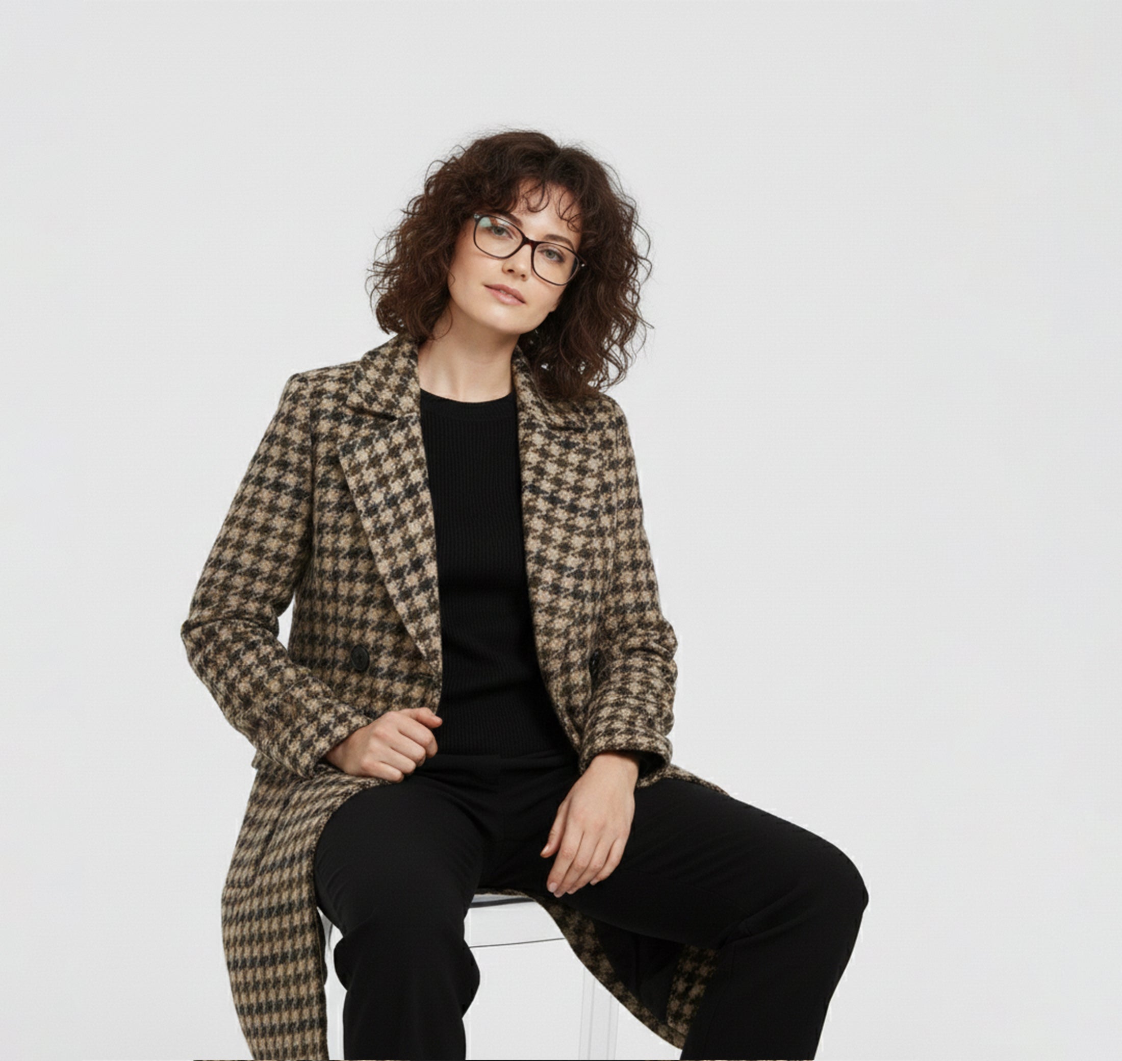 Dorvelli | Suit Collar Houndstooth Coat – Khaki Quilted Style