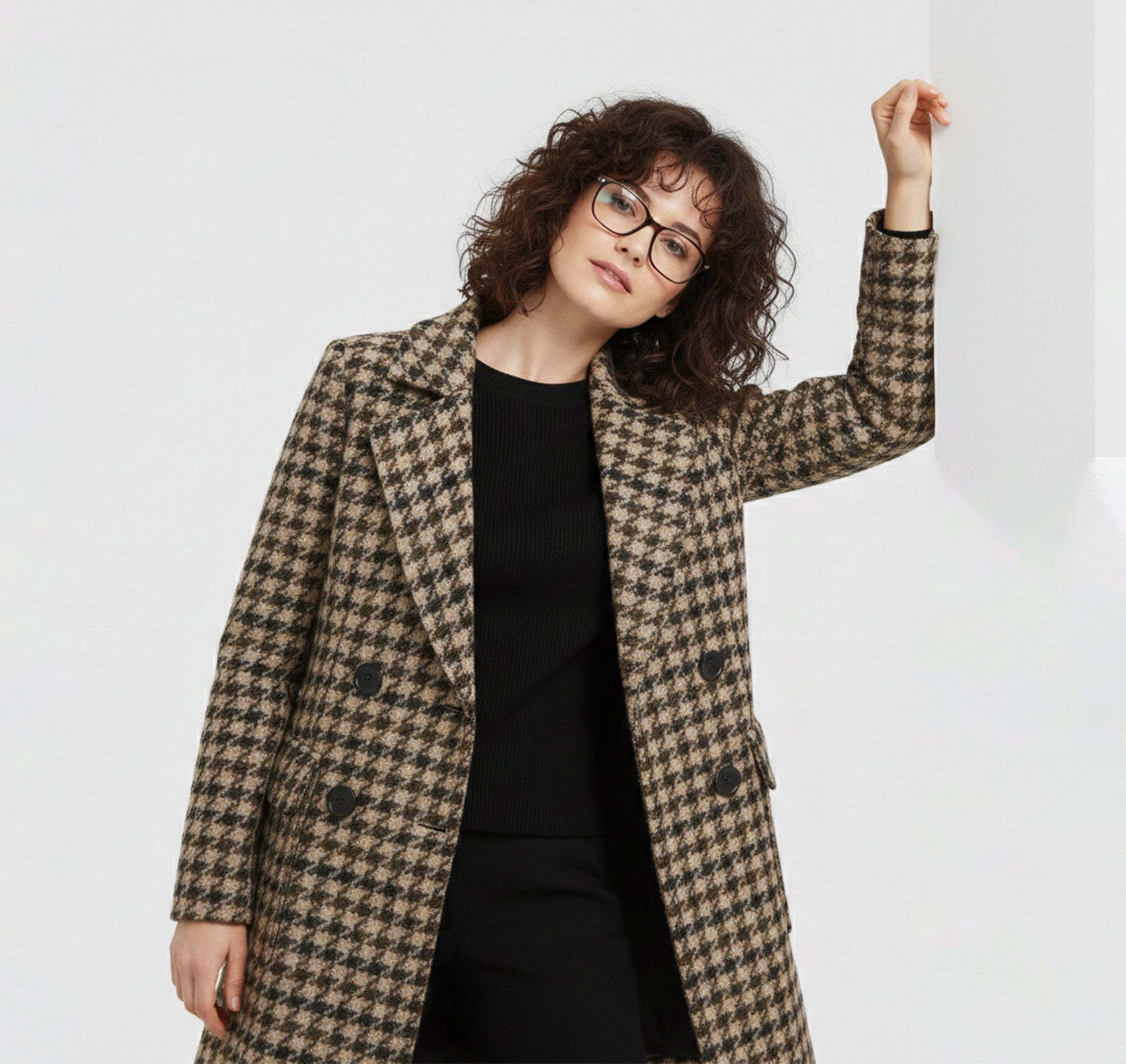 Dorvelli | Suit Collar Houndstooth Coat – Khaki Quilted Style