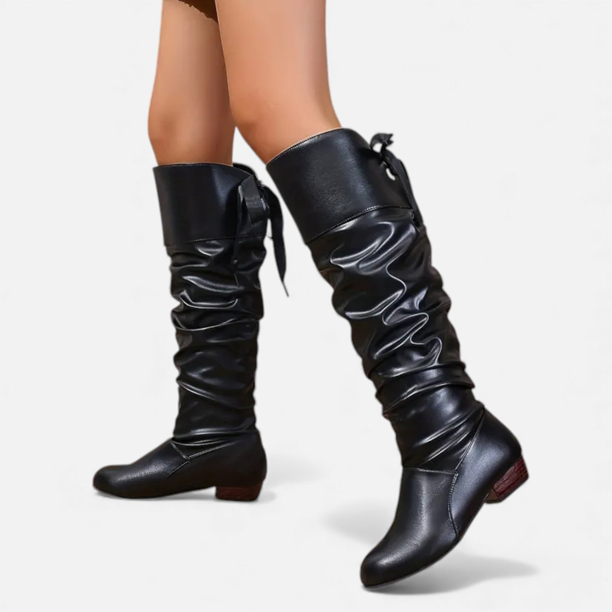 Dorvelli | Women’s Bow Knee-High Boots – Classic Low-Heel Elegance