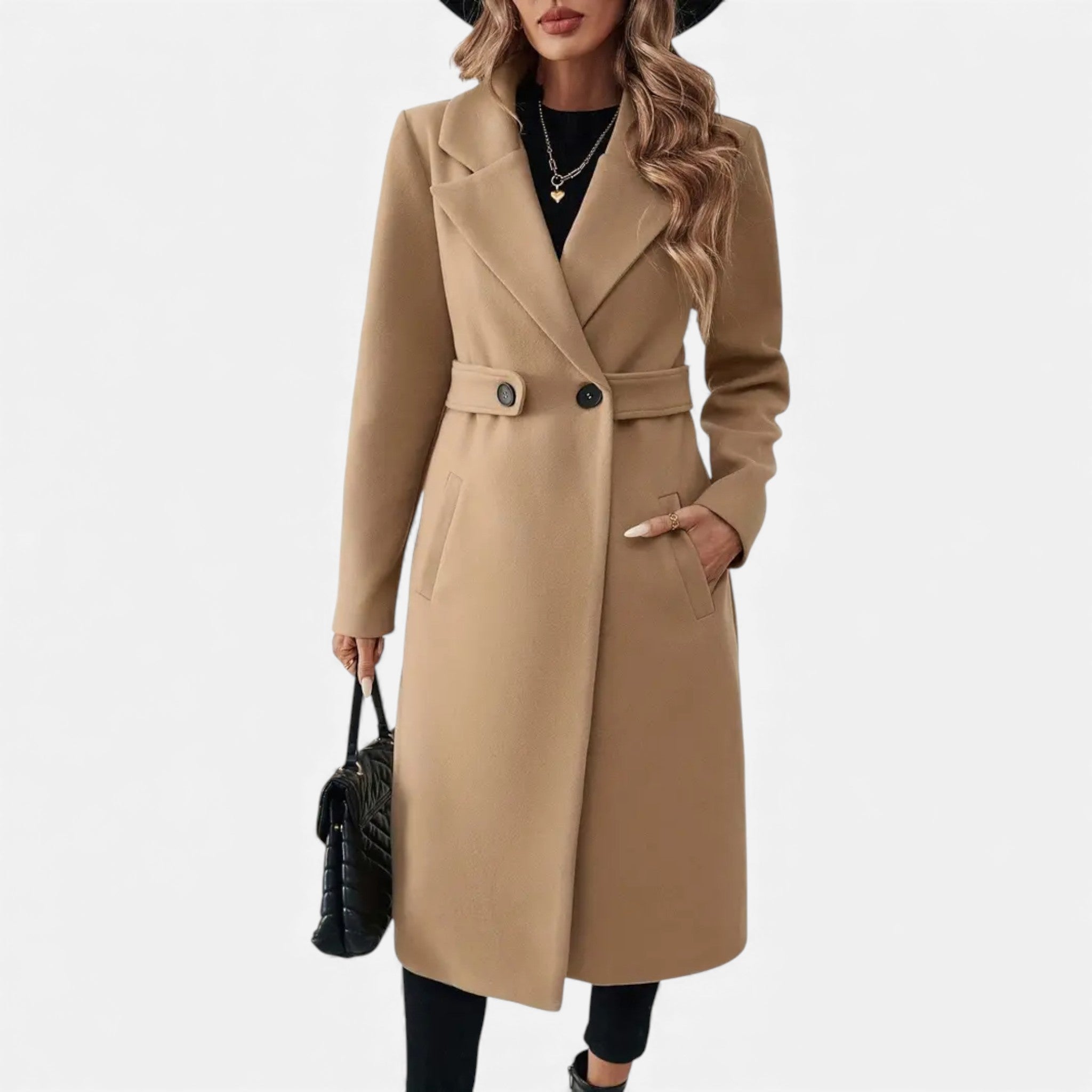 Dorvelli | Women’s Longline Coat – Double-Belt A-Line Elegance