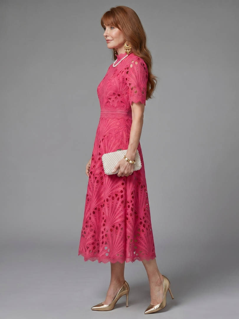 Dorvelli | Women's Midi Dress – Sleeve Eyelet Lace Fitted
