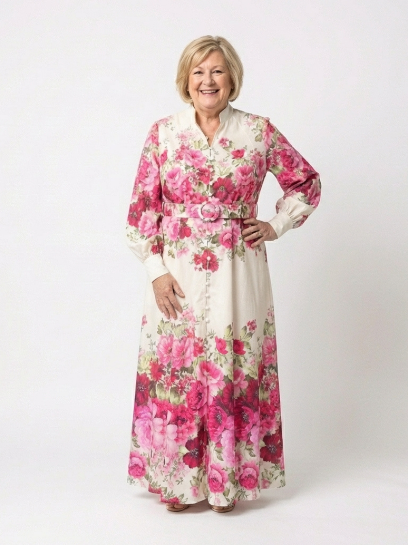 Dorvelli | Women's Maxi Dress – Long Sleeve Floral Belted