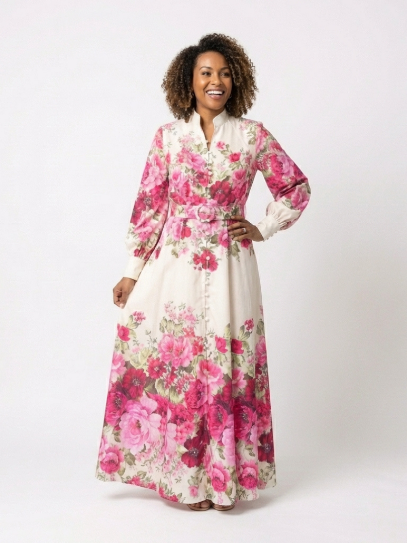 Dorvelli | Women's Maxi Dress – Long Sleeve Floral Belted