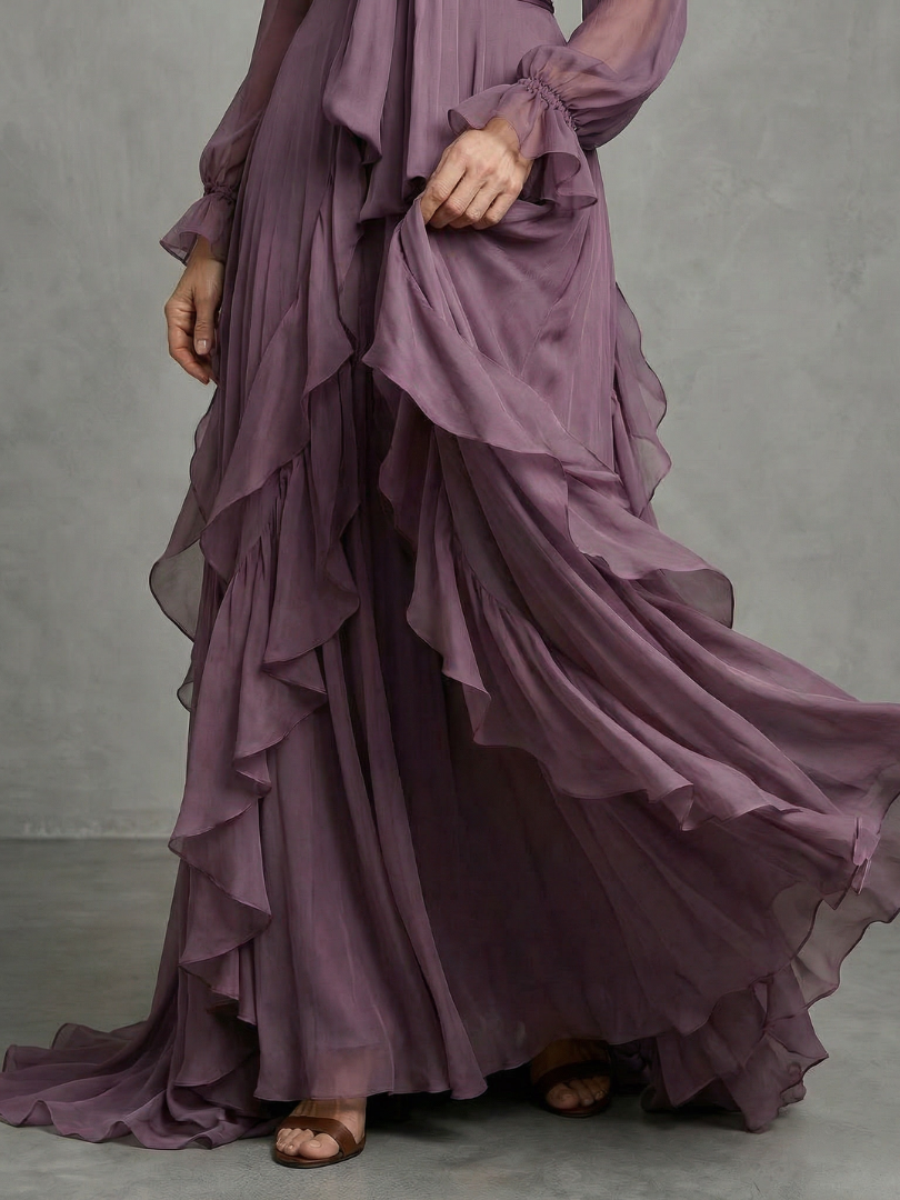Dorvelli | Women's Maxi Dress – Tie Neck Ruffle Tiered