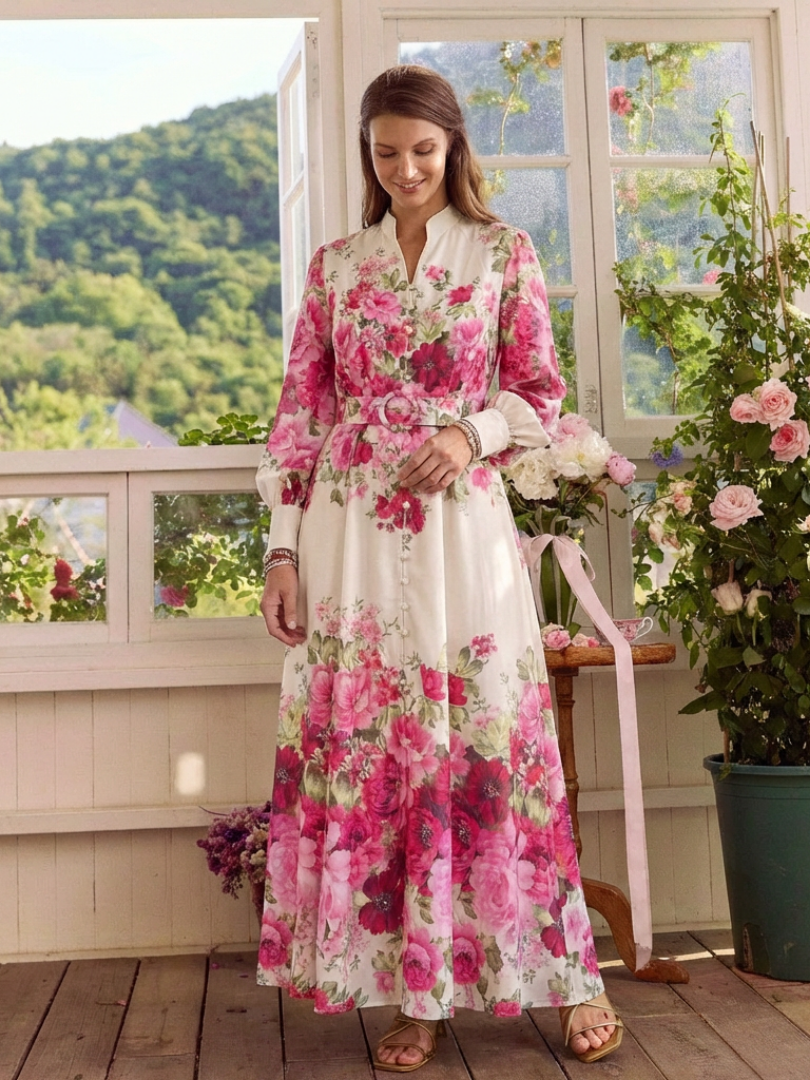 Dorvelli | Women's Maxi Dress – Long Sleeve Floral Belted