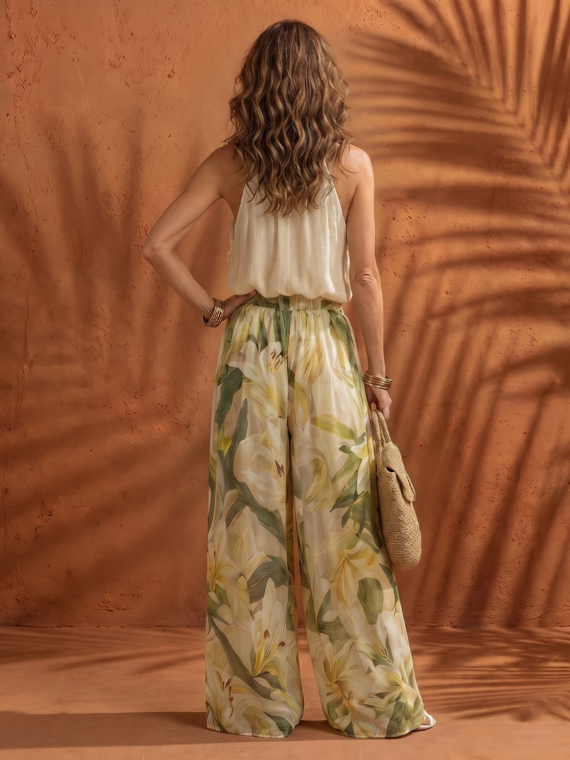 Dorvelli | Women's Two-Piece Set – Halter Neck Floral Wide