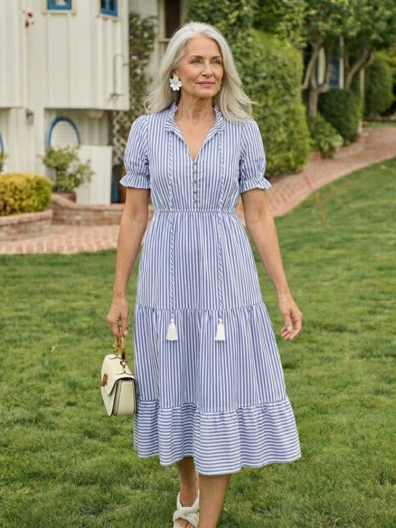 Dorvelli | Women's Midi Dress – Sleeve Striped Tiered