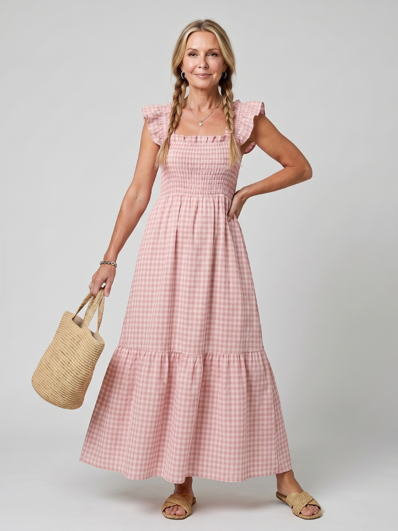 Dorvelli | Women's Midi Dress – Sleeveless Square Neck Gingham