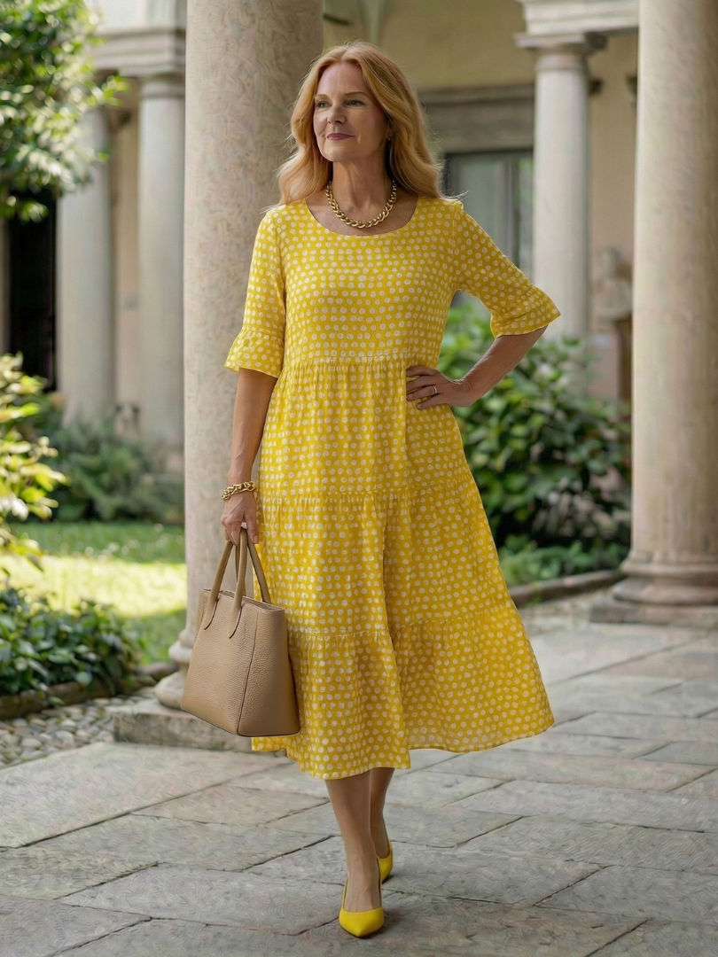 Dorvelli | Women's Midi Dress – Polka Dot Tiered Sleeve