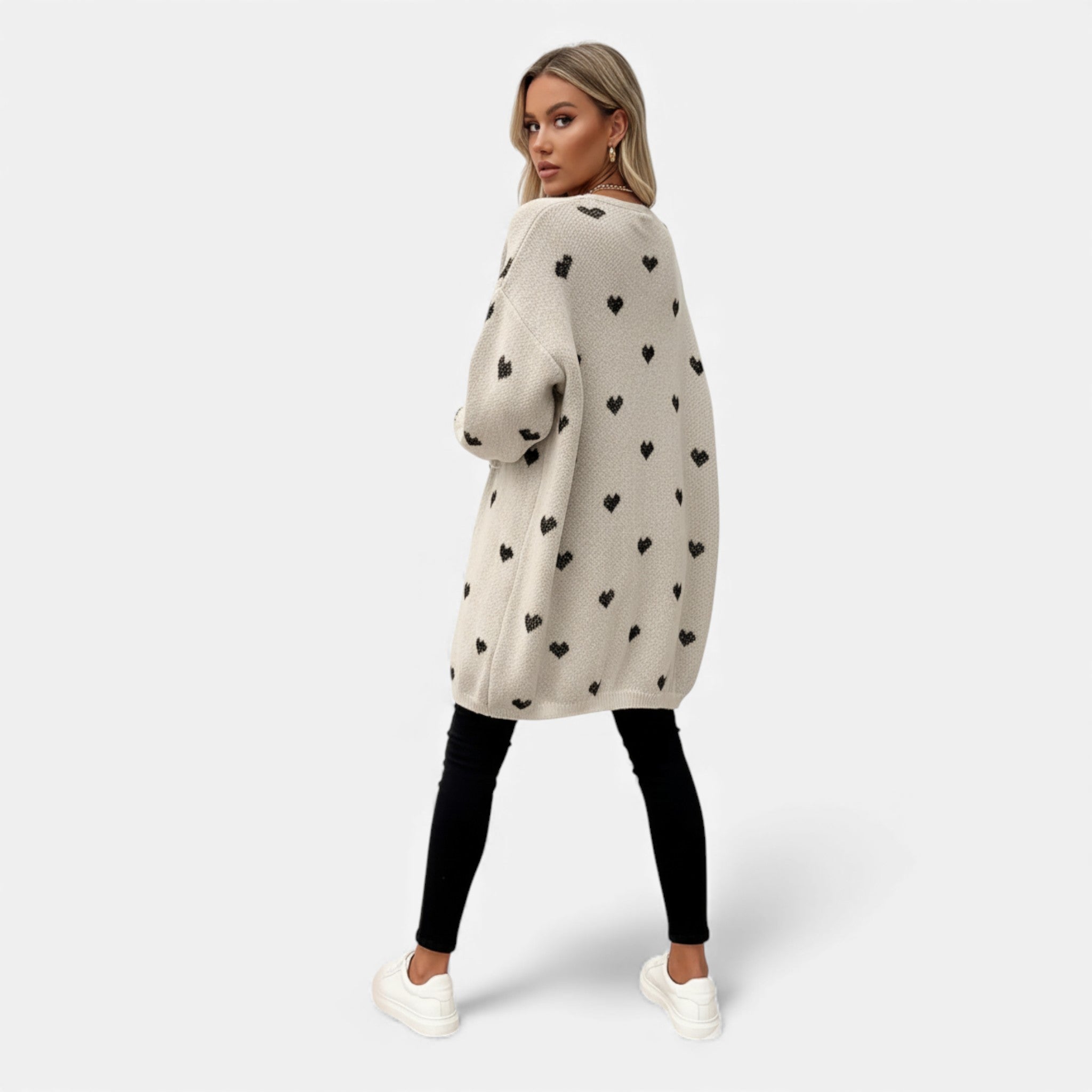 Dorvelli | Women’s V-Neck Knit Cardigan – Heart Pattern Elegance