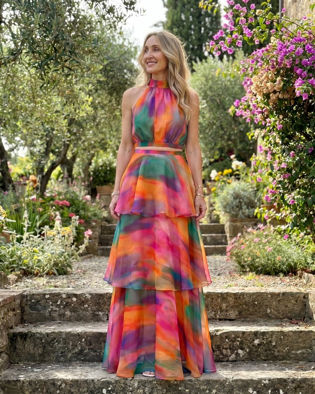 Dorvelli | Women's Maxi Dress – Natural Floral Halter Cutout