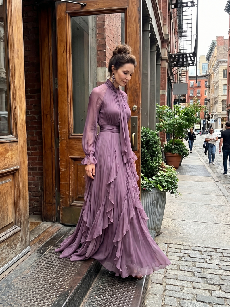 Dorvelli | Women's Maxi Dress – Tie Neck Ruffle Tiered