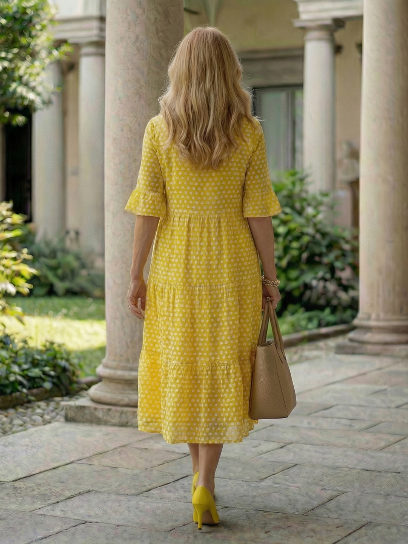 Dorvelli | Women's Midi Dress – Polka Dot Tiered Sleeve