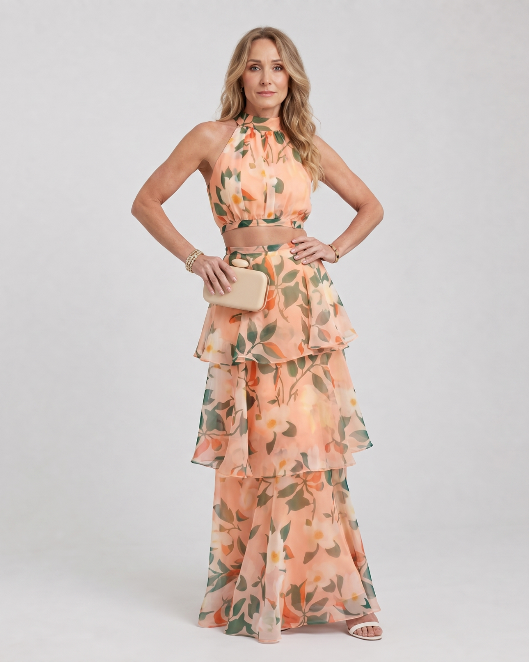 Dorvelli | Women's Maxi Dress – Natural Floral Halter Cutout