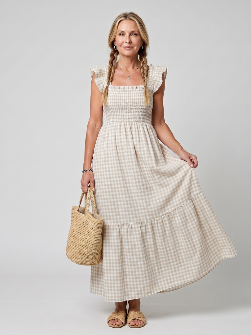 Dorvelli | Women's Midi Dress – Sleeveless Square Neck Gingham