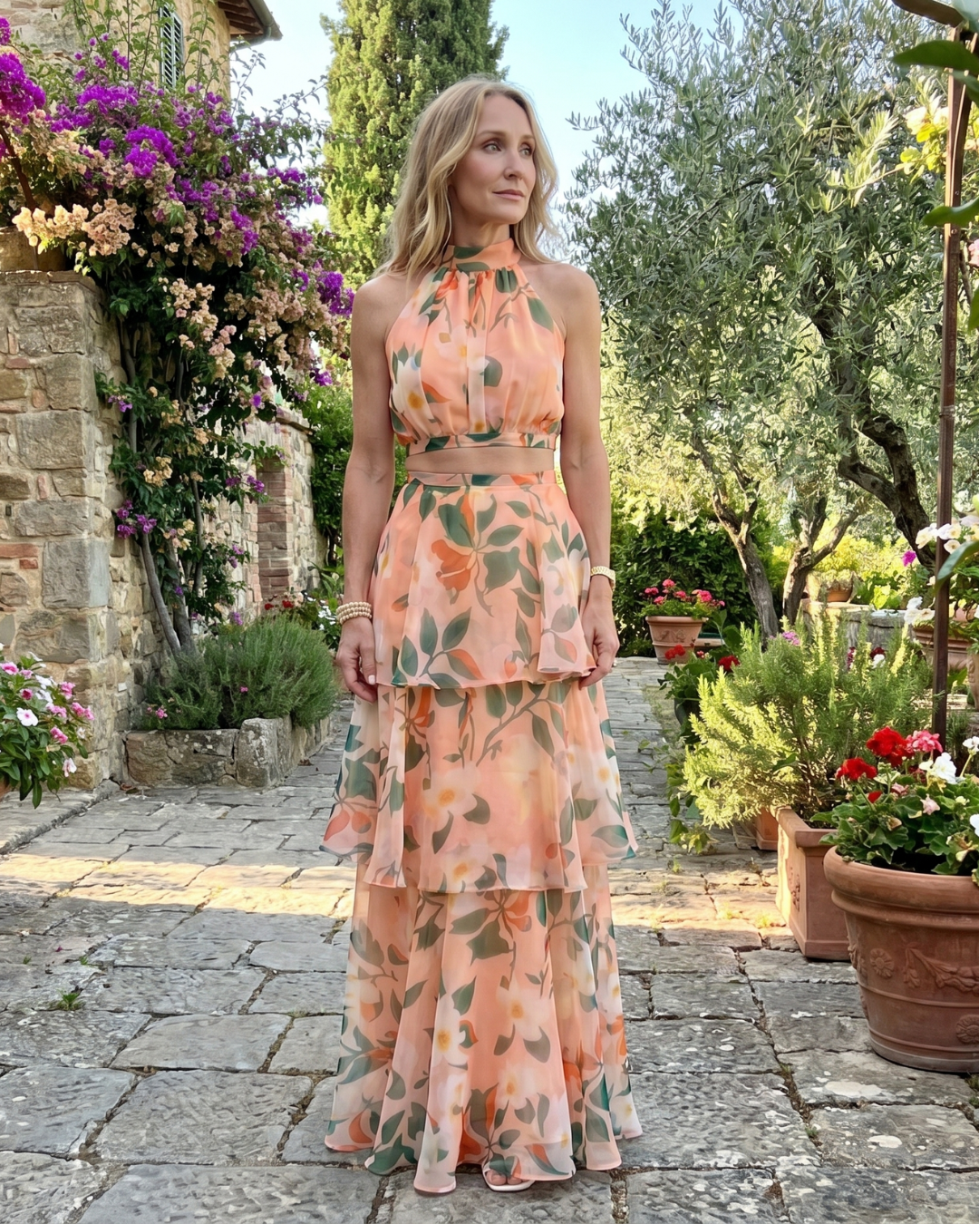 Dorvelli | Women's Maxi Dress – Natural Floral Halter Cutout