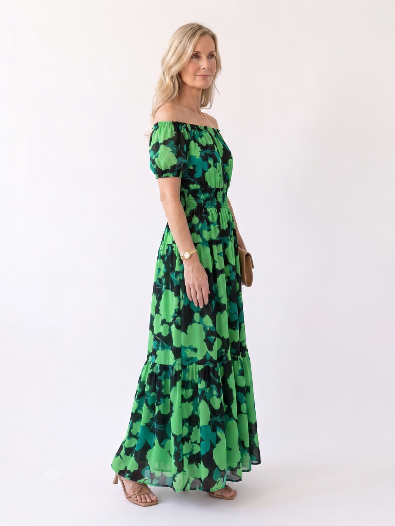 Dorvelli | Women's Maxi Dress – Off Shoulder Neckline Shirred