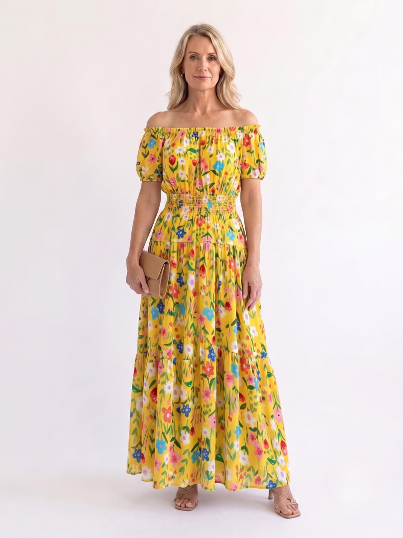 Dorvelli | Women's Maxi Dress – Off Shoulder Neckline Shirred