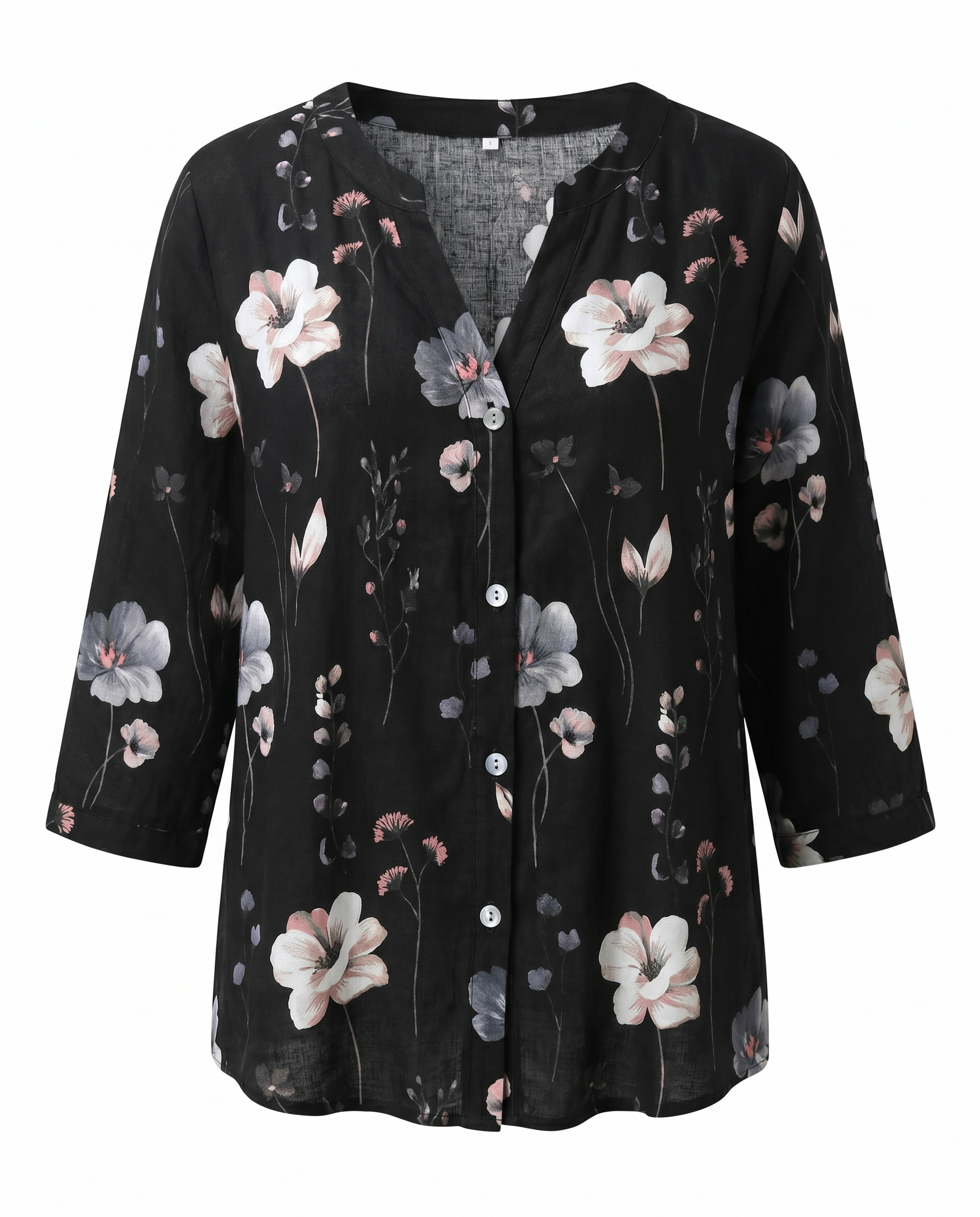 Dorvelli | Women's Floral Blouse – V-Neck Three-Quarter Sleeve
