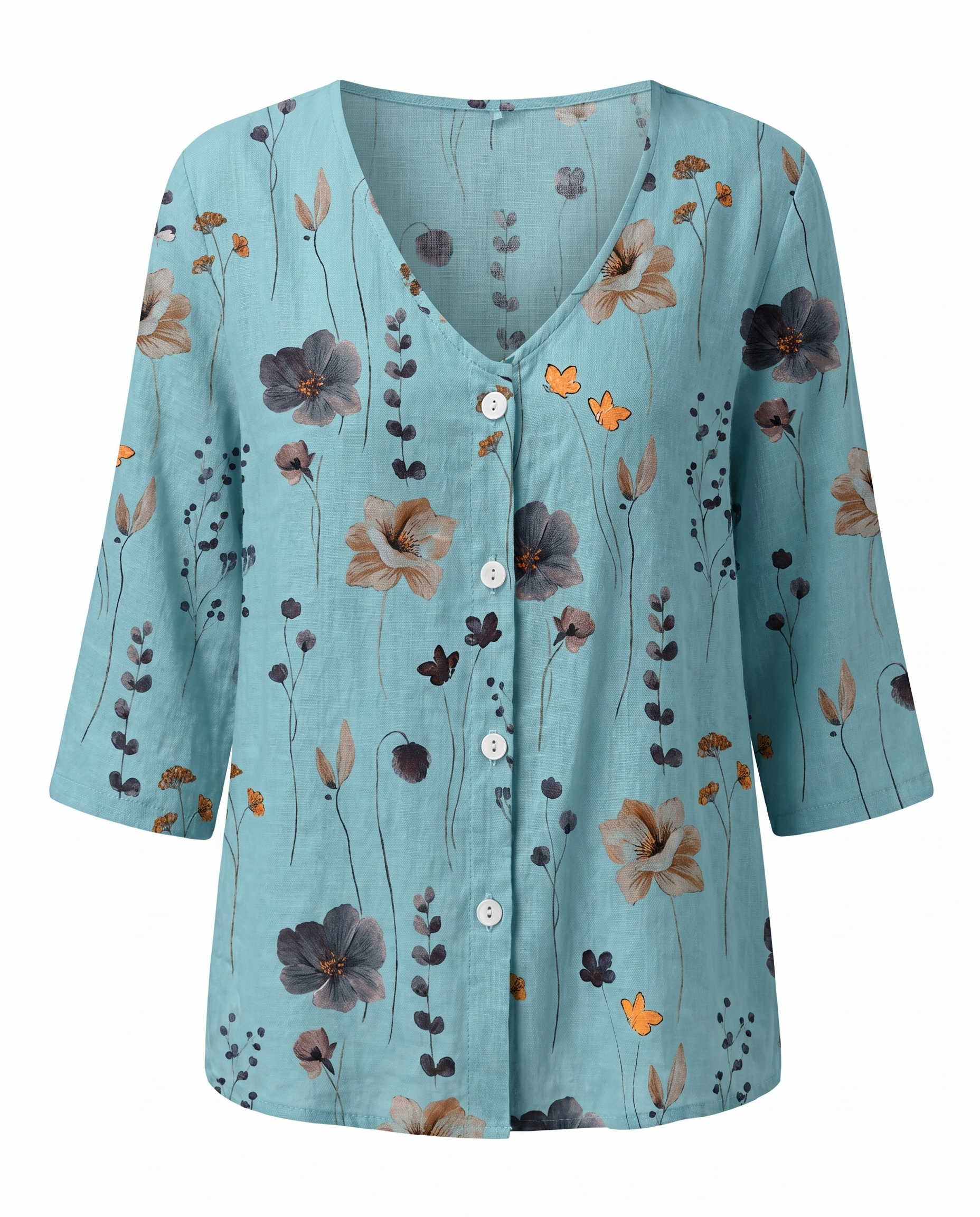 Dorvelli | Women's Floral Blouse – V-Neck Three-Quarter Sleeve