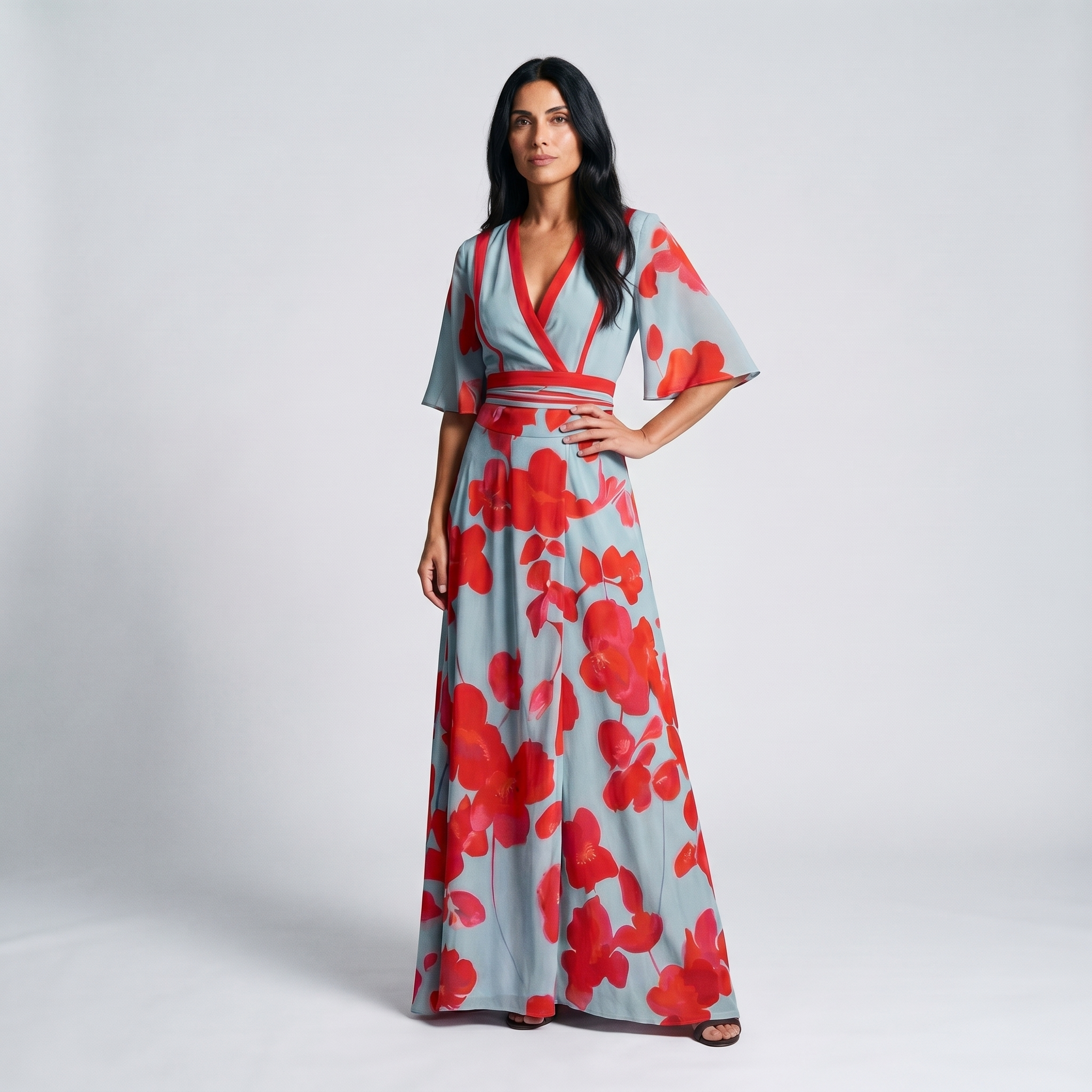 Dorvelli | Women's Floral Maxi Dress – Deep V-Neck Wrap Poppy Print