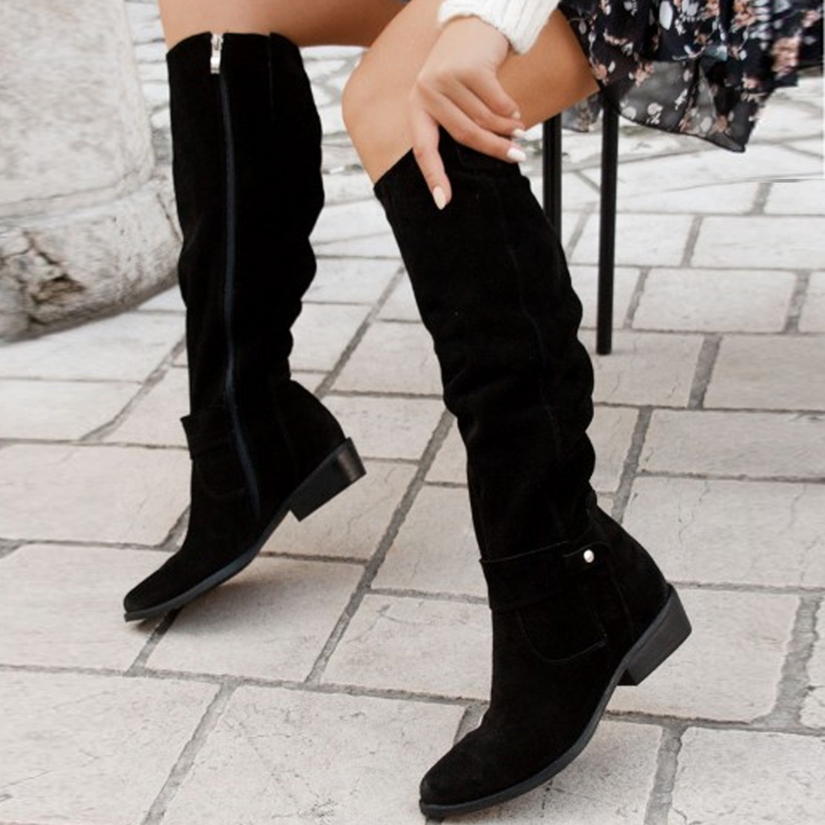 Dorvelli | Women's Knee-High Slouch Boots – Block Heel Buckle Detail