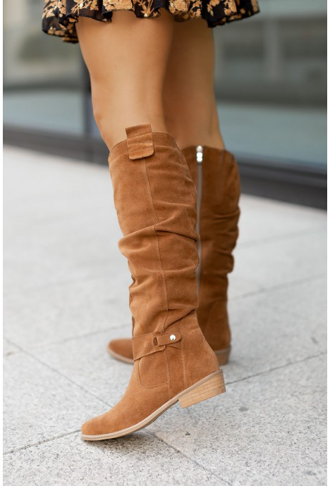 Dorvelli | Women's Knee-High Slouch Boots – Block Heel Buckle Detail