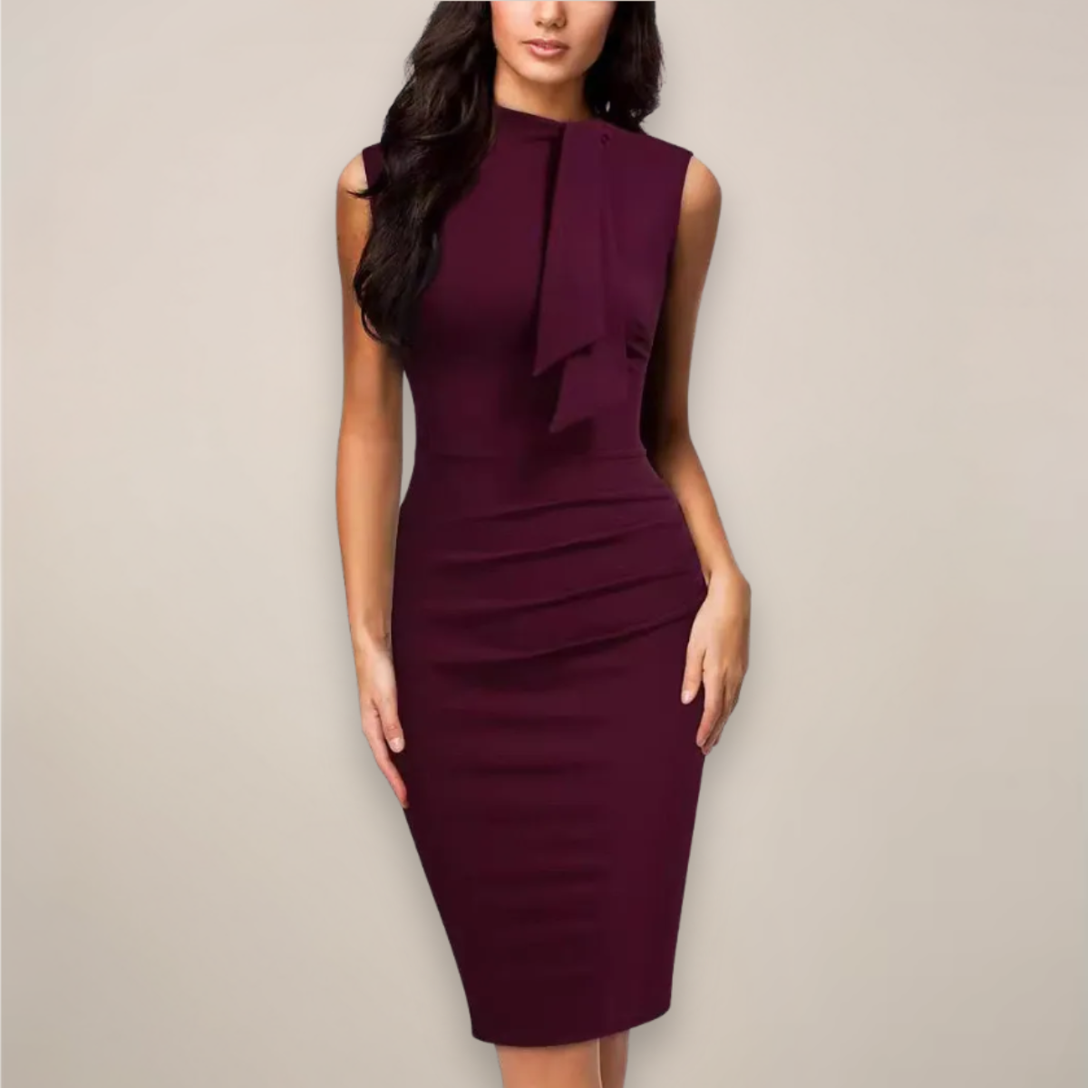 Dorvelli | Women's Midi Dress – Bow Neck Ruched Sheath Work Elegance