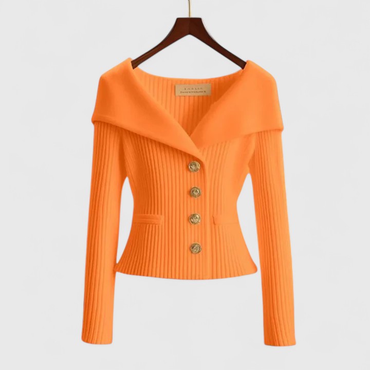 Dorvelli | Women's Off-Shoulder Knit Top – Gold Button Ribbed Sweater