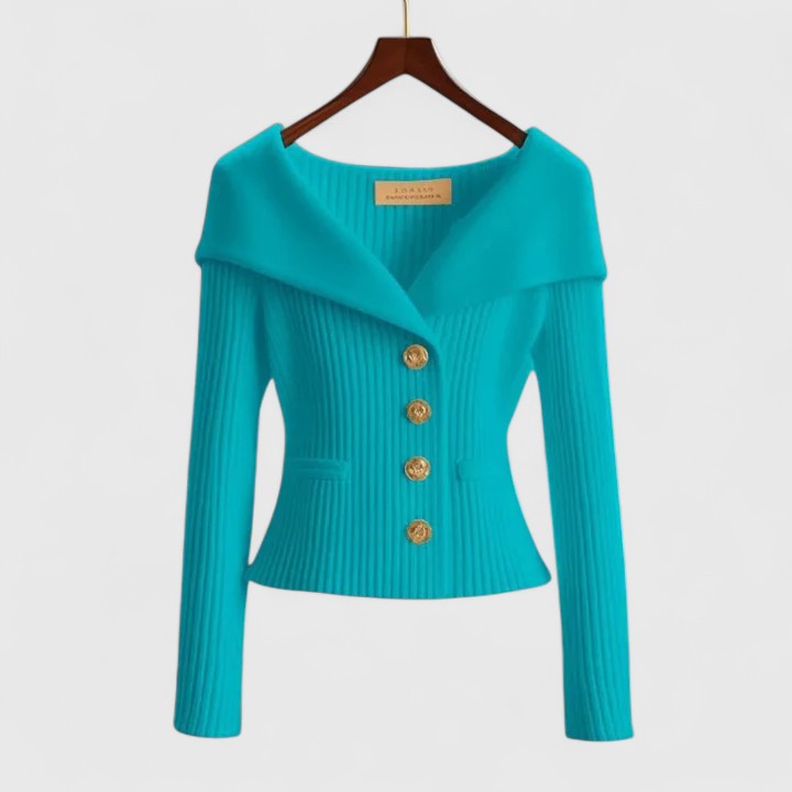 Dorvelli | Women's Off-Shoulder Knit Top – Gold Button Ribbed Sweater