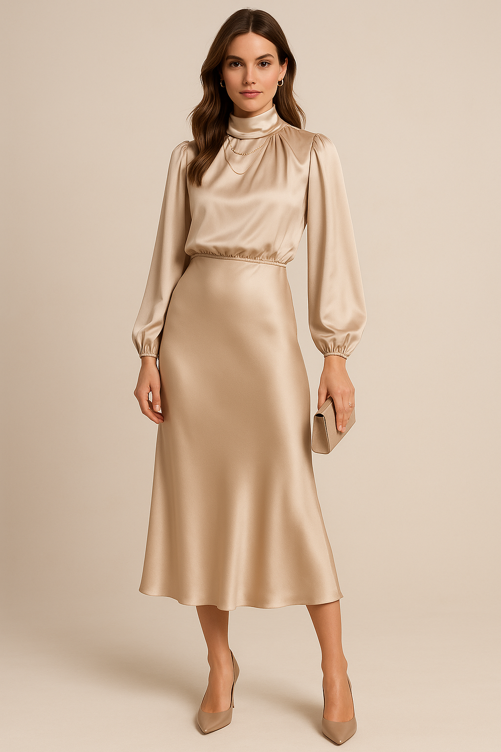 Dorvelli | Women's Satin Midi Dress – High Neck Balloon Sleeve Elegance