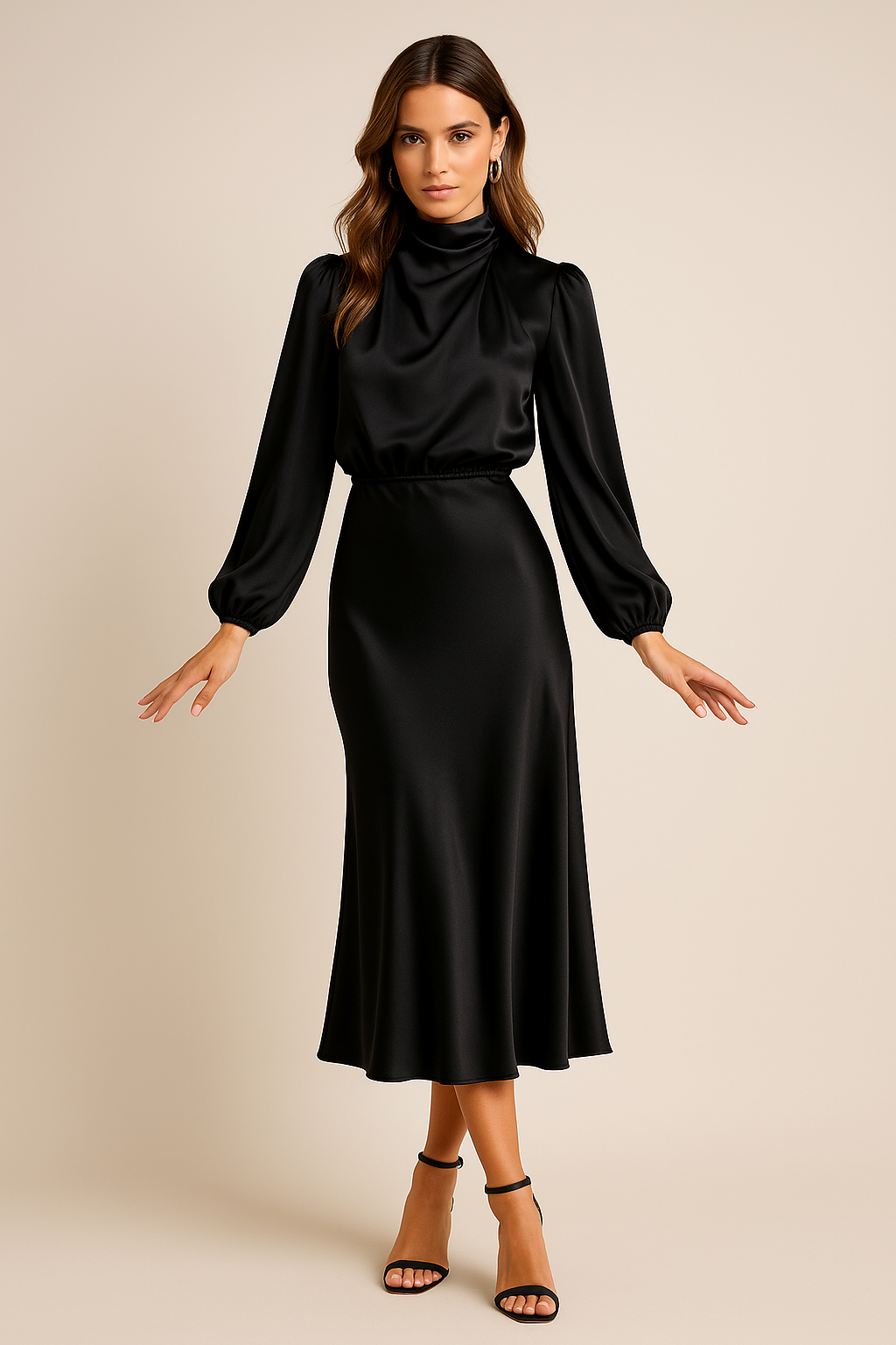 Dorvelli | Women's Satin Midi Dress – High Neck Balloon Sleeve Elegance