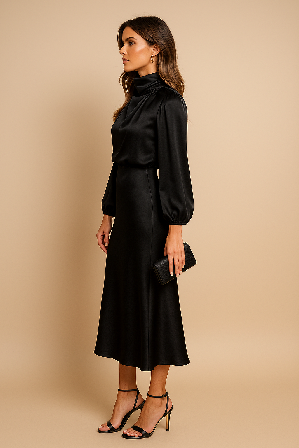 Dorvelli | Women's Satin Midi Dress – High Neck Balloon Sleeve Elegance